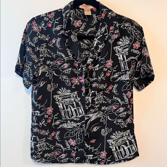 Notations Petite Small Novelty Printed Short Sleeve Button Down Shirt - Picture 1 of 6